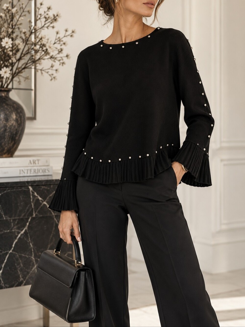 529 Uffizi Moda Luxury Knit Studded Ruffle Hem Sweater in Black